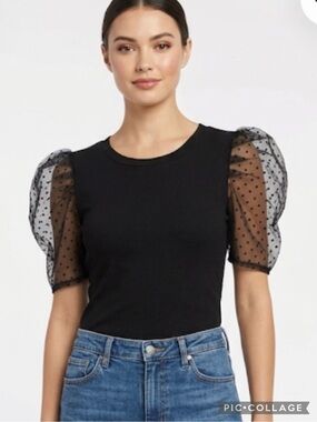 June & Ivy Top Black Mesh Swiss Dot Puff Sleeve Knit T-Shirt S Quiet Luxury
